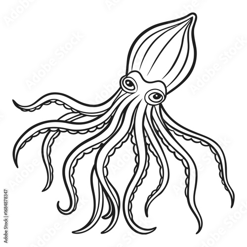 Hand drawn outline of a majestic squid with flowing tentacles capturing ocean life and underwater adventure vector