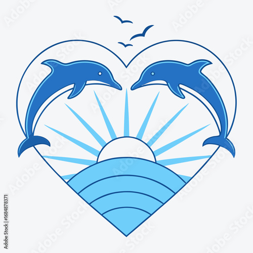 Vector art of two dolphins in a heart shape with sun and sea isolated on white background