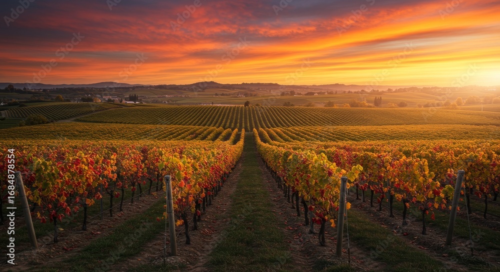 Naklejka premium Autumn Vineyard Landscape with Red and Yellow Vines under Dramatic Sunset Sky