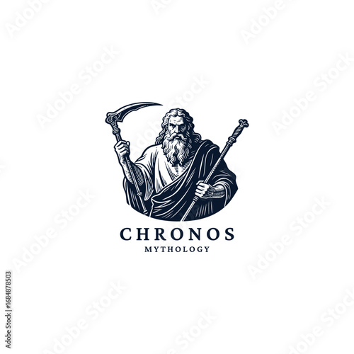 engraved logo of Chronos, the Greek god of time, holding a sickle and a staff. vector illustration