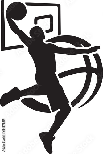 Black silhouette of a basketball player dunking a ball with a stylized basketball hoop slam dunk