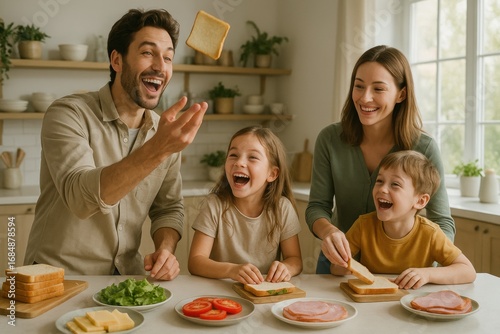 Happy family making sandwiches together in kitchen while father playfully tossing bread slice
