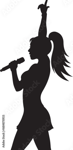 Black silhouette of a female singer holding a microphone and raising her arm singing music