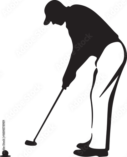 Black silhouette of a golfer putting on a white background golf club golf ball