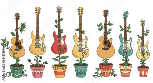 Vibrant guitars growing from colorful potted plants, a unique blend of music and nature artistry.