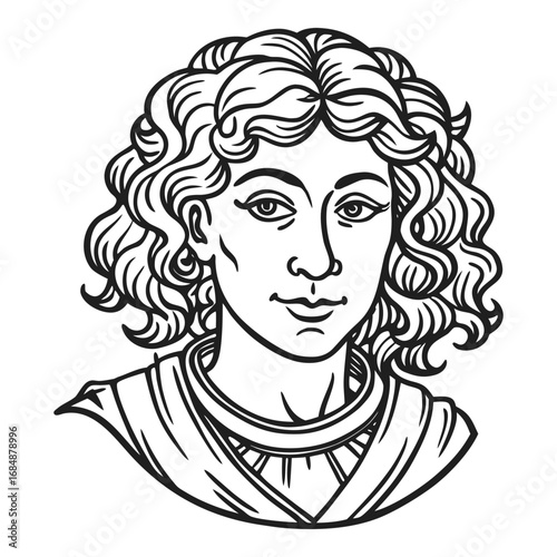 Classic portrait drawing of a young man with curly hair and regal attire, detailed line art style vector