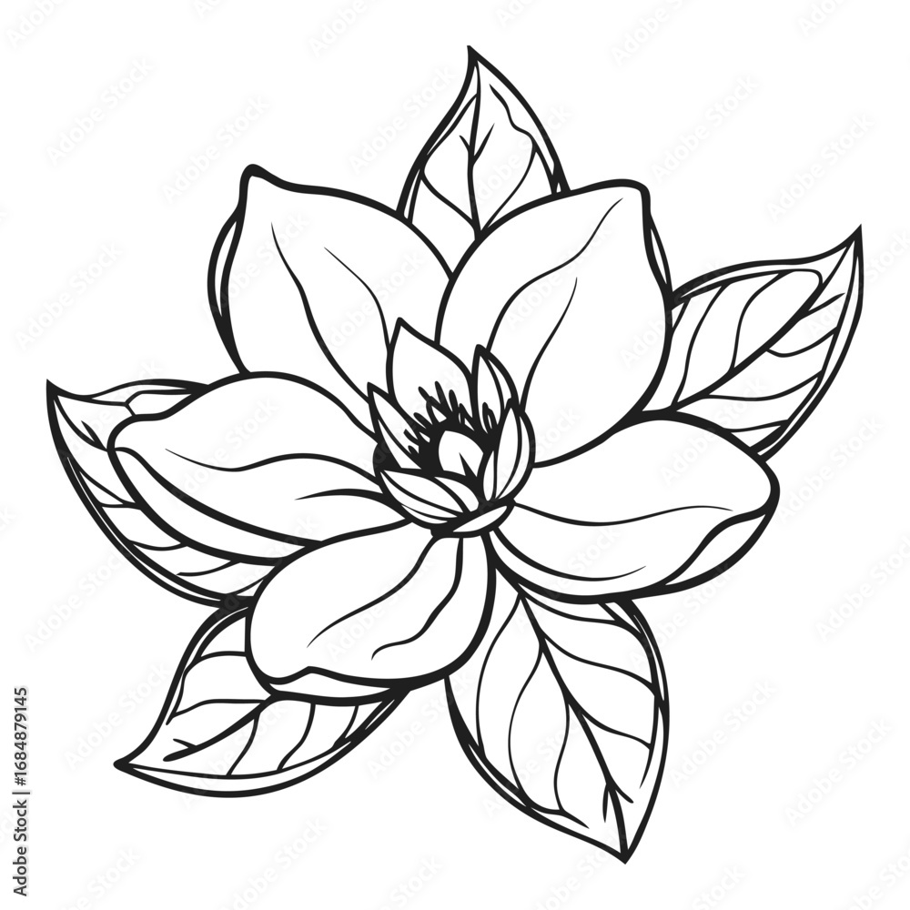 Fototapeta premium Black and white magnolia flower with green leaves hand drawn sketch botanical art vector