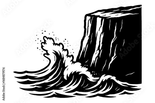 Powerful Black and White Ocean Waves Crashing on a Cliff Vector Illustration