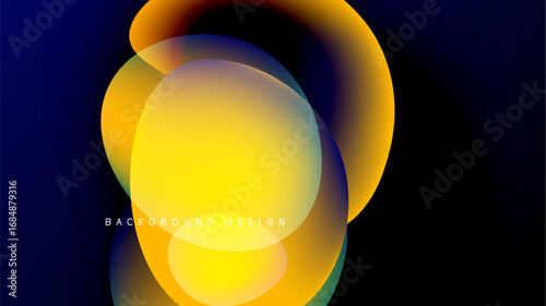 Abstract fluid shapes overlap, creating vibrant yellow, orange, blue gradients. Dark background emphasizes luminosity, modern design aesthetic.