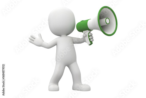 3d white man character holding a green megaphone isolated on transparent background