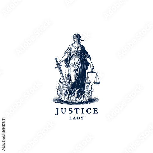 Engraved Lady Justice logo illustration, blindfolded woman with sword and scales, classical goddess of law and fairness