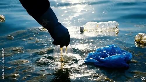 Hand collecting plastic waste from polluted water under sunlight reflection