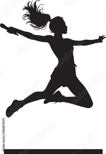 Black silhouette of a woman in a dynamic jumping pose holding a microphone vector