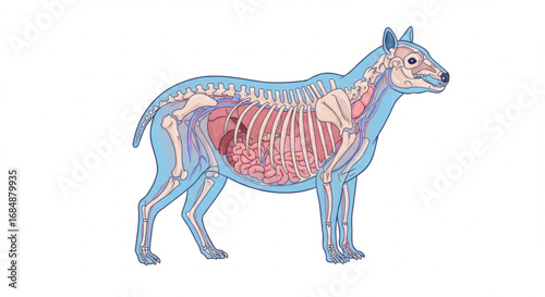 Detailed anatomical illustration of a dog's skeletal and circulatory system with organs clearly visible.