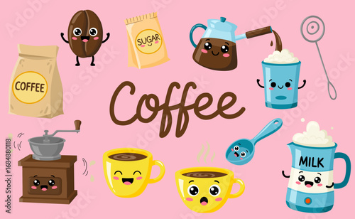 Cute aroma coffee drinks. Cartoon design elements perfect for cafe menu, coffee shop patches. Coffee grinder, beans in kraft paper, cup, teapot and milk jar. Happy character icons