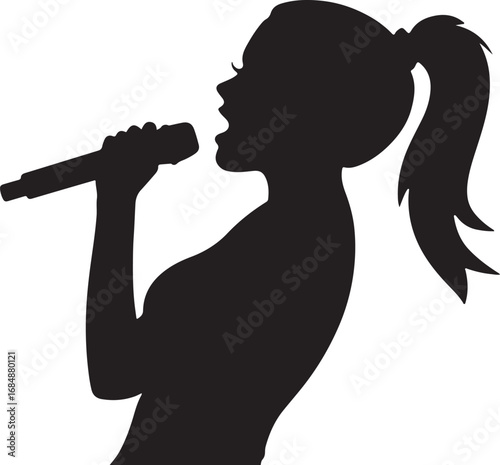 Silhouette of a woman singing into a microphone with a ponytail music