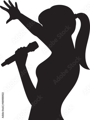 Silhouette of a woman singing into a microphone with one hand raised performance