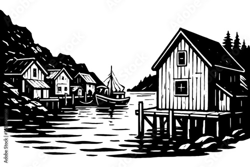 Black and White Vector of a Rustic Fishing Village - Hand-Drawn Illustration with Pier and Boats