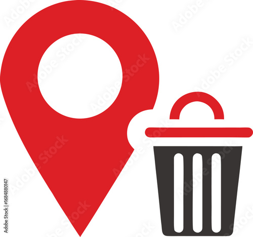 Red map pin icon next to trash can symbol