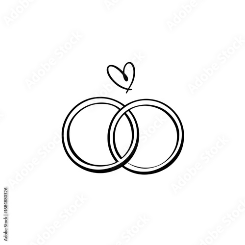 Wedding Rings Icon with Heart Symbol, Minimalist black line art of two interlocked wedding rings with a heart above, symbolizing love, marriage, and eternal commitment.

