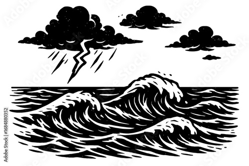 Vector of a Stormy Ocean with Waves - Black and White Hand-Drawn Illustration with Clouds and Lightning
