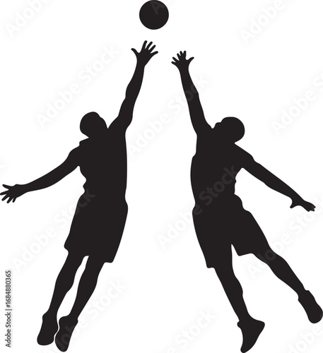 Two black silhouettes of basketball players reaching for a ball sport game