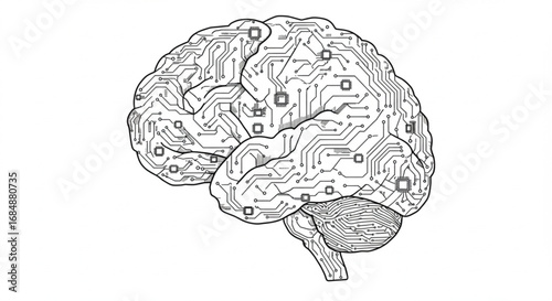 Innovative AI brain concept with intricate circuit board pathways and microchips representing advanced technology