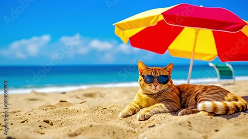 A cat wearing sunglasses and lying on a sandy beach under a colorful umbrella