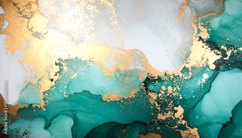 Abstract ink washes, gold accents, teal and white