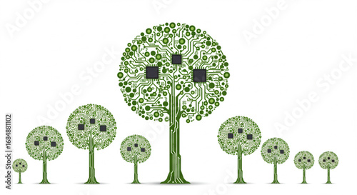 Innovative technology trees showcase digital growth and advanced circuitry, symbolizing modern progress
