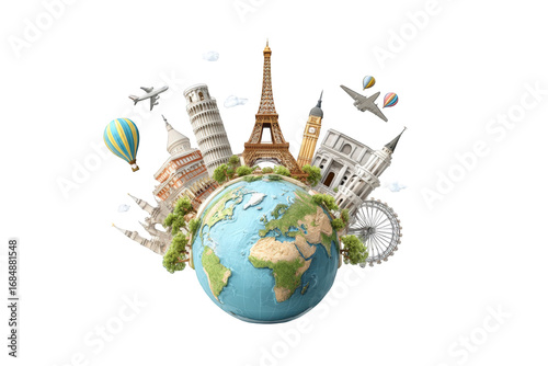 World landmarks surrounding a globe