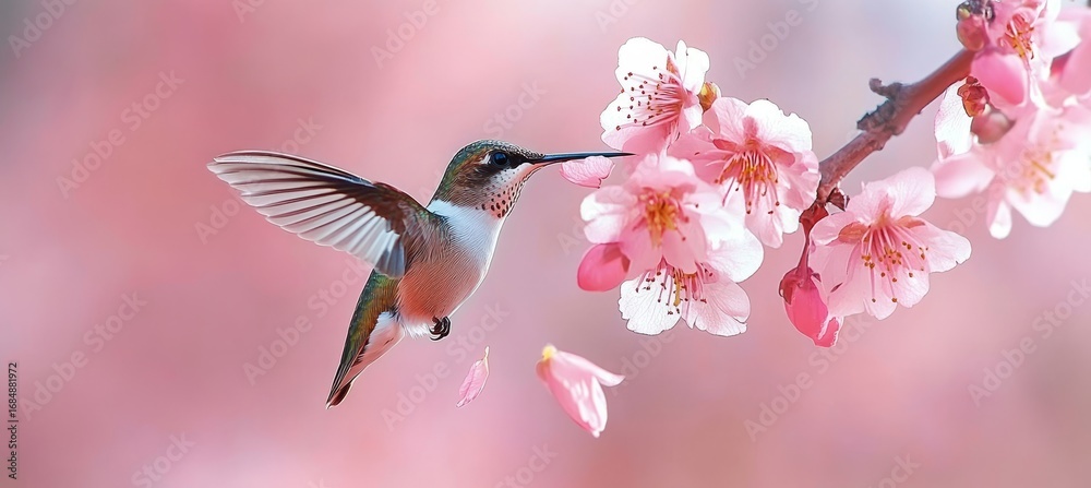 Naklejka premium Stunning Ruby Throated Hummingbird Gracefully Flying Among Cherry Blossoms in Springtime Beauty