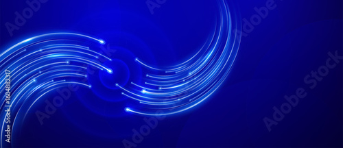 Flowing neon light trails on a dark blue background