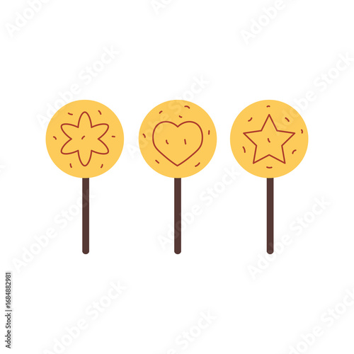 Dalgona Korean Candy Set. Hand drawn sweet Asian popular street snack. Retro food dessert on stick. Flat style vector illustration