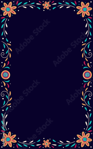 Traditional Mexican floral poster design for Day of the Dead, Cinco de Mayo. Vector colorful template background with garland of marigolds and other stylised flowers.