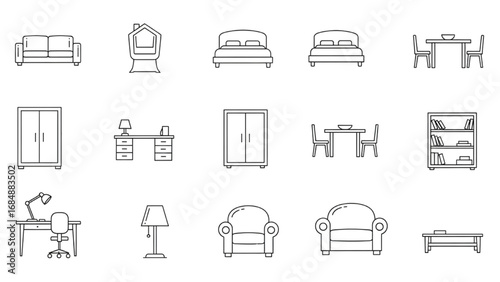 Home Furniture Icons Set | Thin Line Editable Stroke Symbol Collection for Interior Design