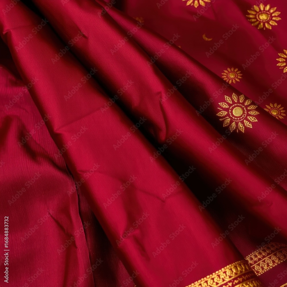 Obraz premium Traditional red silk saree with gold embroidery design and texture 