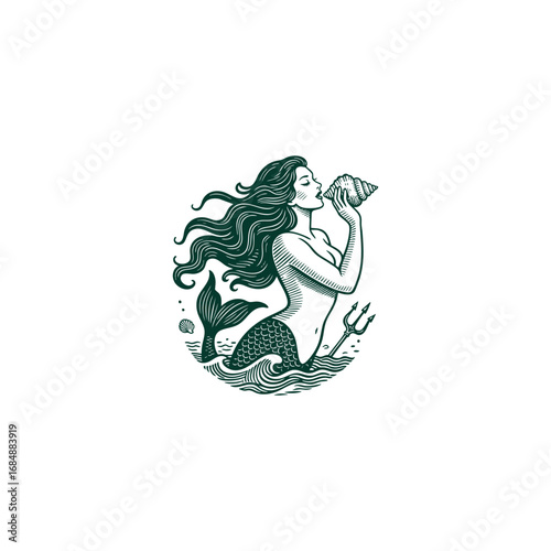 Engraved logo of a mermaid blowing a seashell, siren illustration with long flowing hair, ocean waves, shells, and trident, mythical sea goddess design.