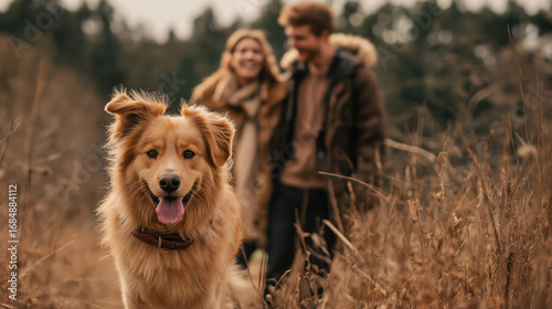 A young couple walking with their dog outdoors, portrait of owners walking with a happy smiling dog in the park, close up pet photography, pet and human relationship concept