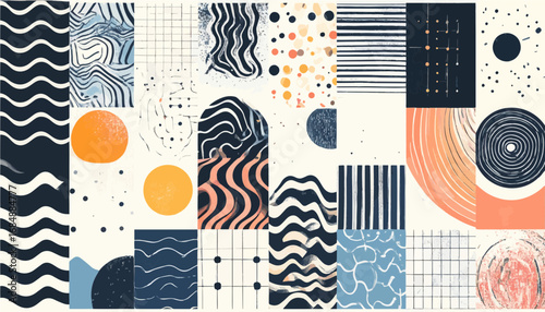 Modern flat vector pattern and texture elements including stripes, dots, waves, zigzag, and grids.
