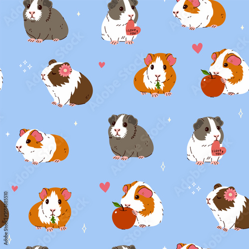 Seamless pattern with cute guinea pigs on a blue background. Vector graphics.