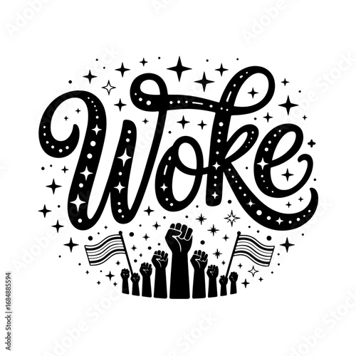 Bold expression of social justice with hands raised and the word woke in a powerful design