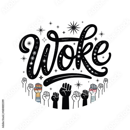 Bold expression of social justice with hands raised and the word woke in a powerful design
