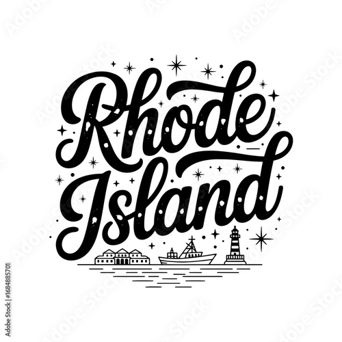 Artistic representation of Rhode Island featuring landmarks, symbols, and nautical elements in a bold design
