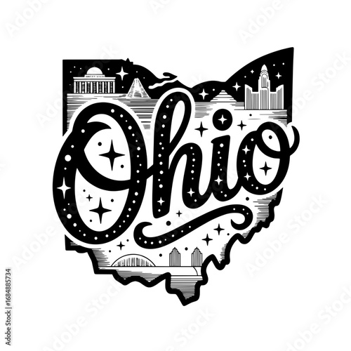 Ohio skyline silhouette with stars and rolling hills design showcasing the state's charm and beauty