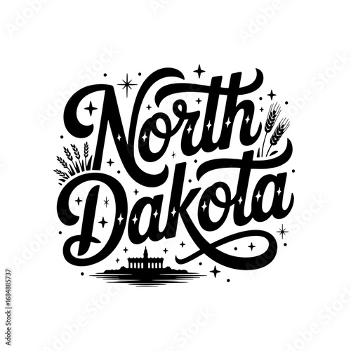 North Dakota sign featuring bold lettering and a dynamic design representing the state's identity and pride in a modern style