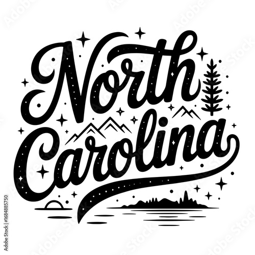 North Carolina artistic design featuring mountains, trees, and stars with a scenic landscape backdrop