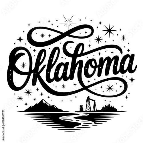 Stylized illustration representing Oklahoma with landscapes and iconic imagery of the region