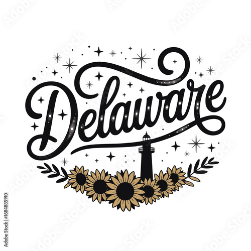 Delaware lighthouse design with sunflower accents and starry elements captures the beauty of the state’s coastline and nature