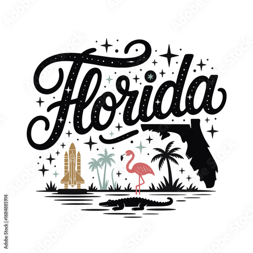 Florida showcases vibrant wildlife and space exploration symbols in a colorful artistic design